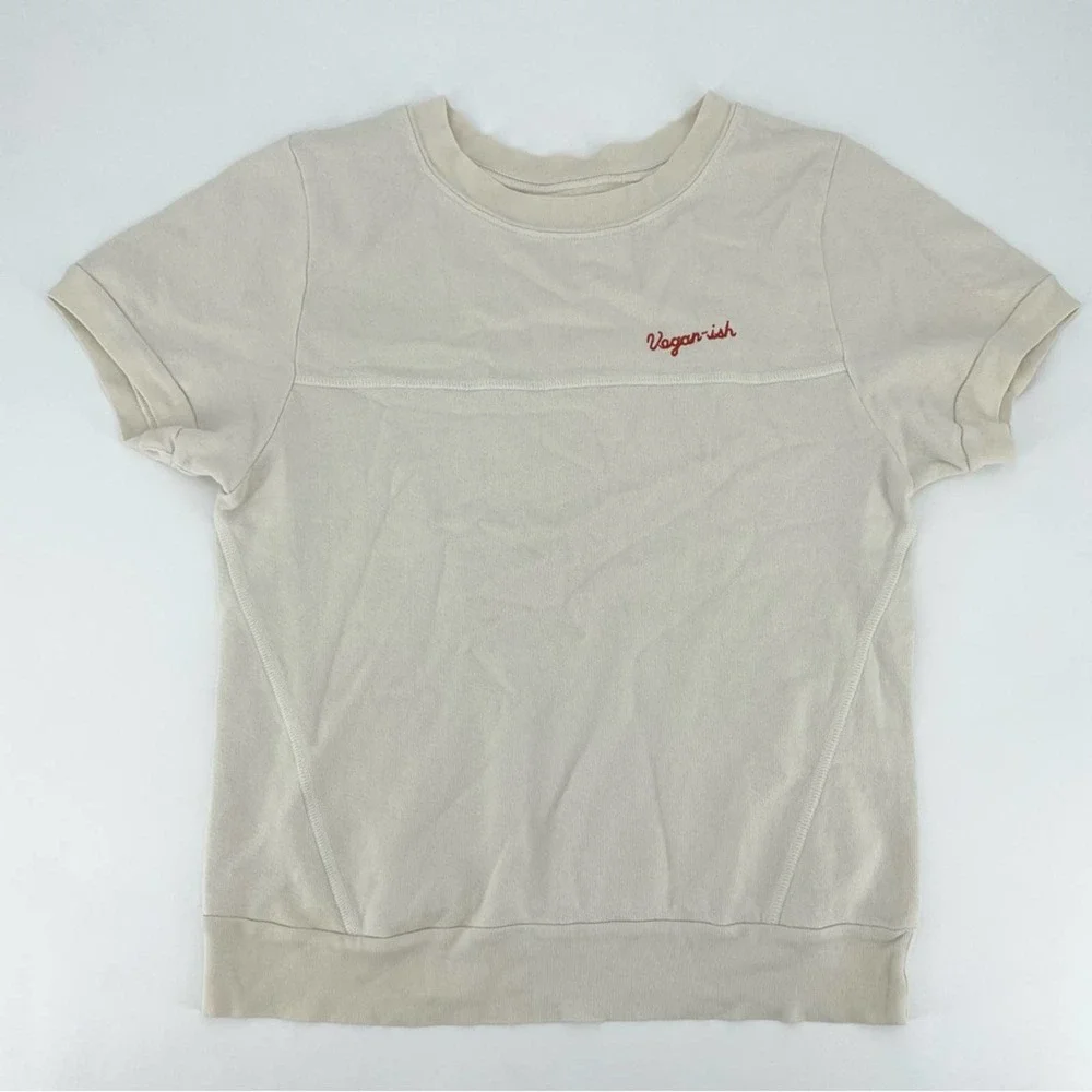 MATE THE LABEL ‘Vegan-ish’ Short Sleeve Sweatshirt Crop Cream Size Small NEW